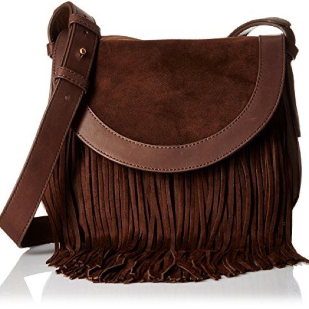 NWOT Frye Ray Fringe Shoulder Saddle Bag - Warm Brown suede and leather